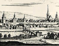 Kupferstich Merian / Äußeres Enzbrückentor, abgegangen in 74354 Besigheim (1643 - Stadtarchiv Besigheim)