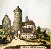 Historische Zeichnung, Ansicht von Süden / Wohnhaus mit Scheune (ehem. Torwächterhaus am Oberen Tor) in 74354 Besigheim (um 1880 - Stadtarchiv Besigheim)